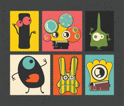 Naklejki Set of cartoon monsters  on color grunge background
