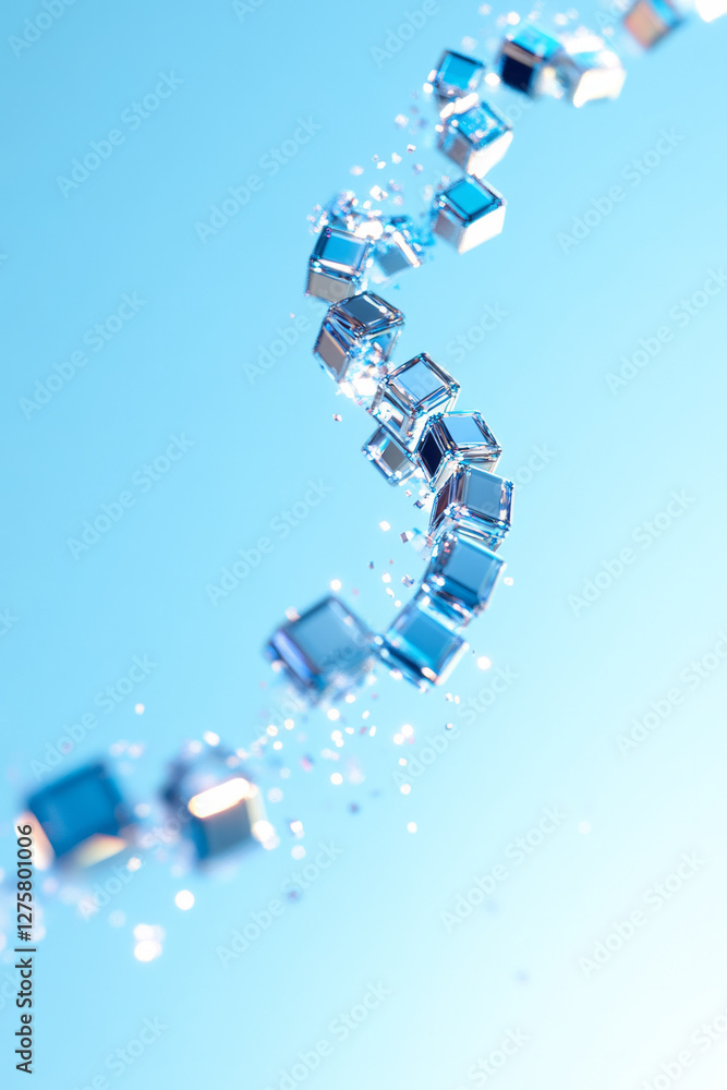Aufkleber Abstract wave-like pattern of 3D cubes unraveling, the disintegration forming a sparkling trail in
