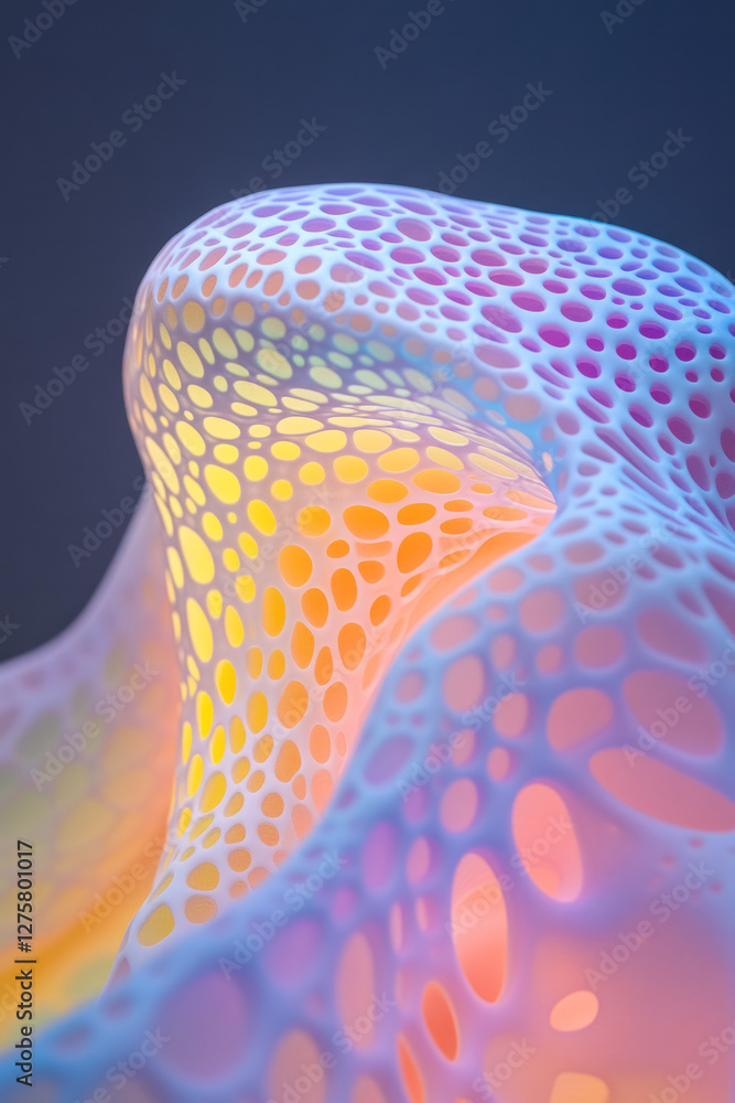 Aufkleber Surreal helix form arching across the frame, its perforated surface glowing with bright cyan and