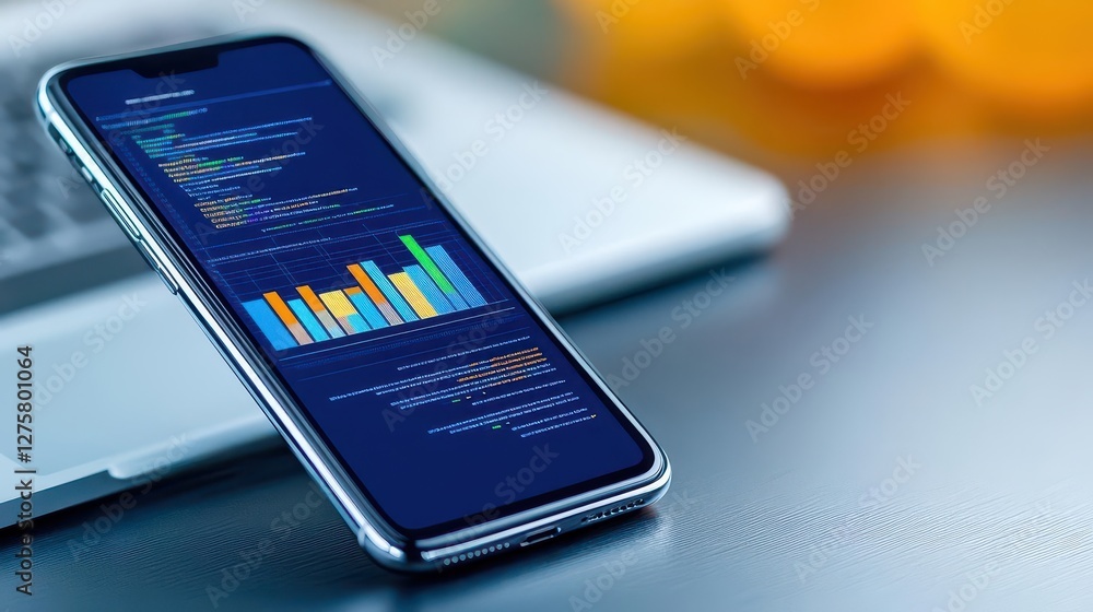 Leinwandbilder Application of Smartphone with business graph and analytics data on isometric mobile phone Analysis trends and software development coding process concept Programming