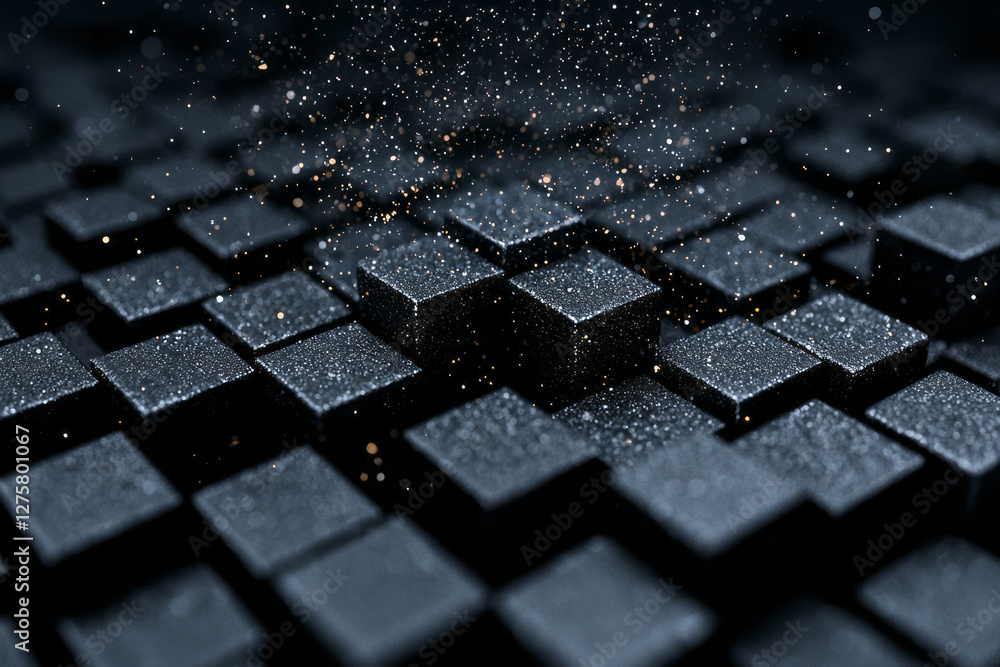Aufkleber Grid of uniform cubes in neat rows, with select cubes dissolving, leaving gaps and scattered debris