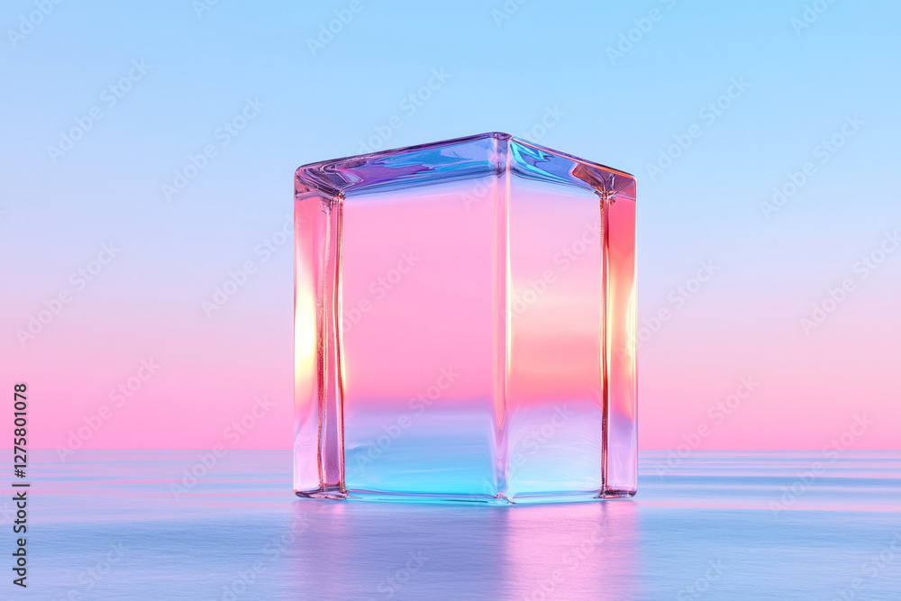 Aufkleber Transparent, glassy cube on the verge of exploding into tiny angular polygons, floating serenely