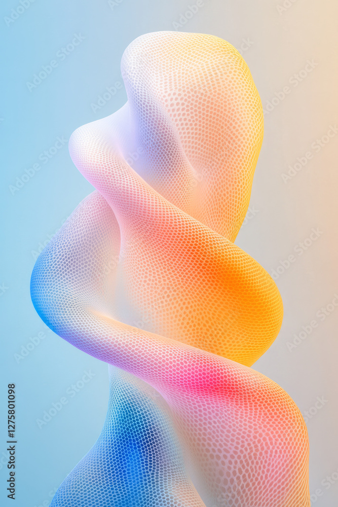 Poster Surreal helix form arching across the frame, its perforated surface glowing with bright cyan and