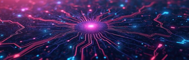 Futuristic digital circuit pattern with glowing pink, blue accents for tech conference banner. Electronic motherboard, innovative technology elements for advertisement. Promotion, branding concept