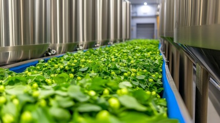 Freshly harvested green hops flowing along a conveyor belt in a brewery with stainless steel tanks