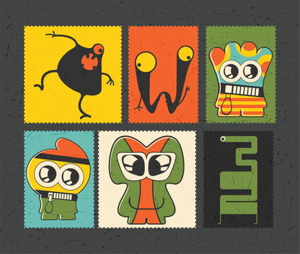 Naklejki Set of cartoon monsters  on color grunge background