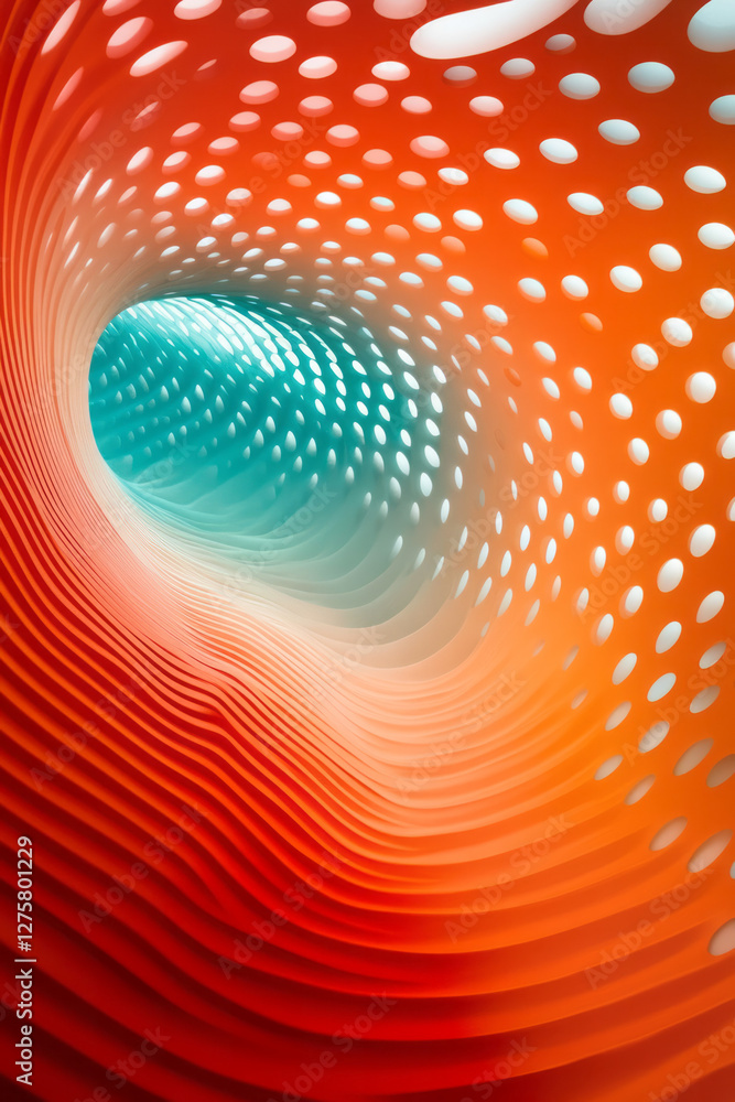 Poster architectural-like arch formed by multi-layered perforated sheets, alternating glossy metallic red