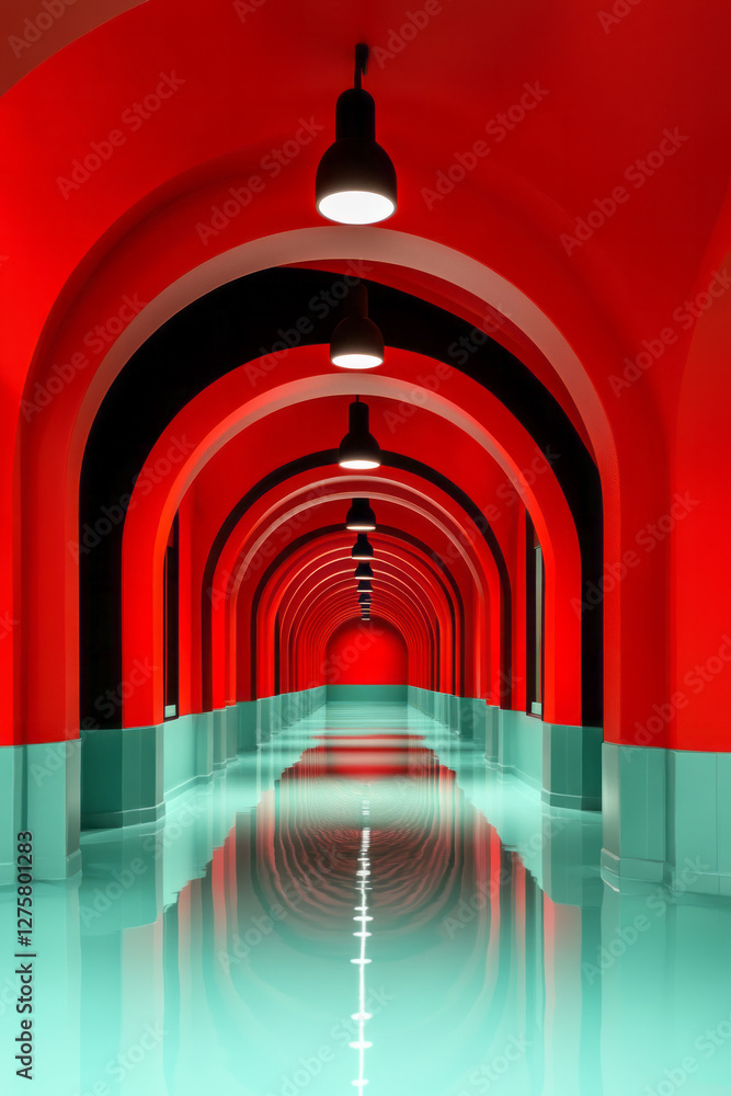 Poster architectural-like arch formed by multi-layered perforated sheets, alternating glossy metallic red
