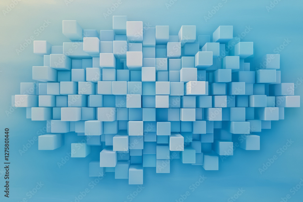 Poster vast arrangement of floating azure cubes neatly aligned in a translucent grid layout, creating an
