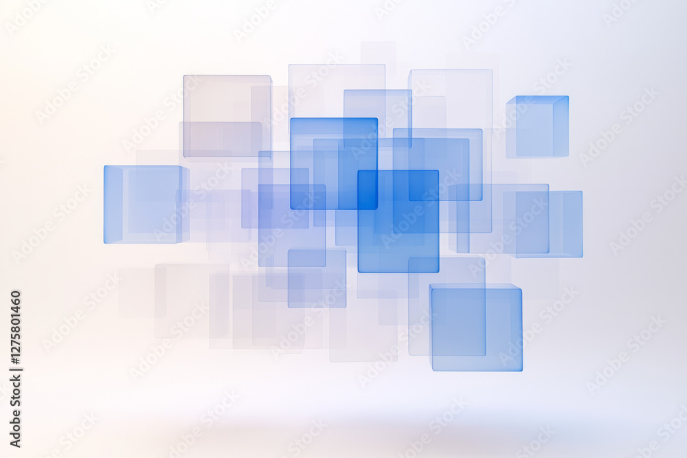 Poster vast arrangement of floating azure cubes neatly aligned in a translucent grid layout, creating an