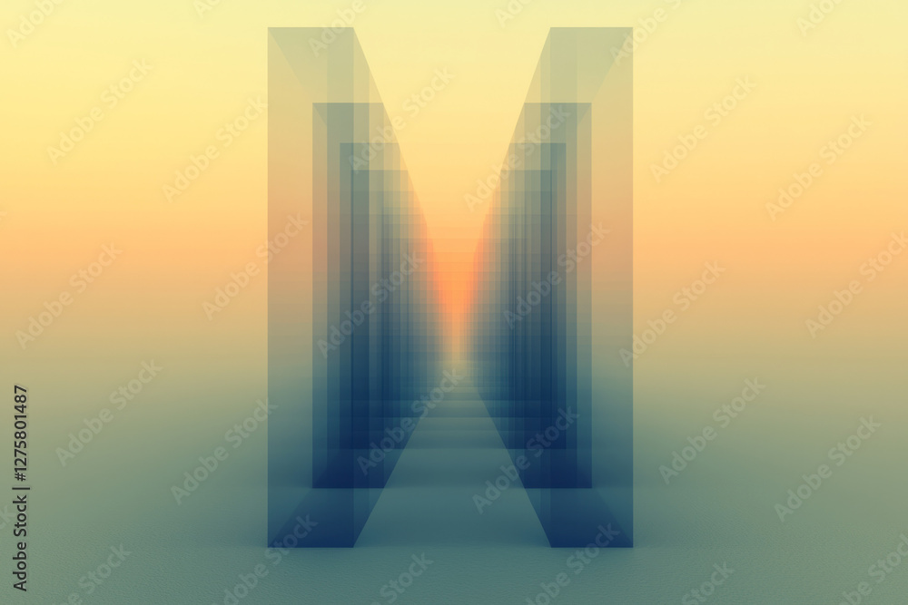 Poster soaring cube towers in varying shades of blue, connected by a faint wireframe grid that recedes