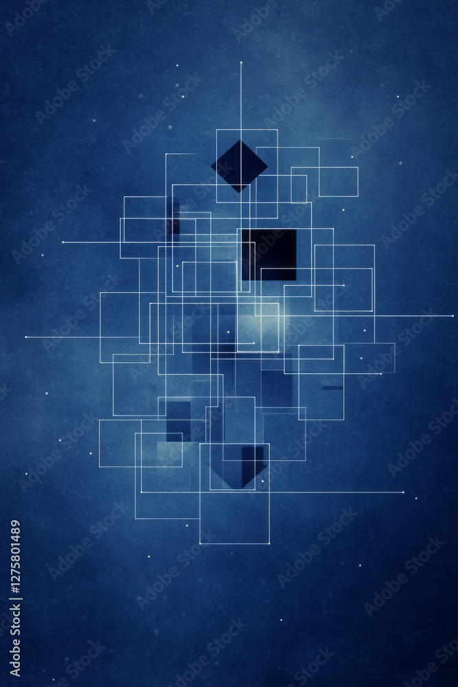 Poster Stylized blueprint-like background overlaid with layered blue cubes, their edges forming sharp