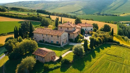Video footage of countryside estate with several buildings surrounded by lush green fields and rolling hills, creating a serene and idyllic landscape