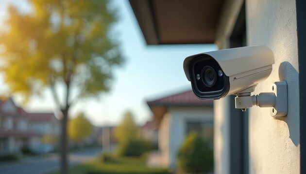 CCTV camera installed for remote house monitoring. Safety and security system. Surveillance cam, video control equipment for electronic data privacy. Modern tech protects private property.