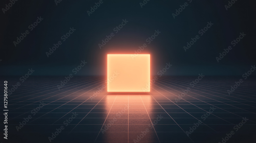 Leinwandbilder minimalist composition featuring a single glowing cobalt cube at the center of evenly spaced grid