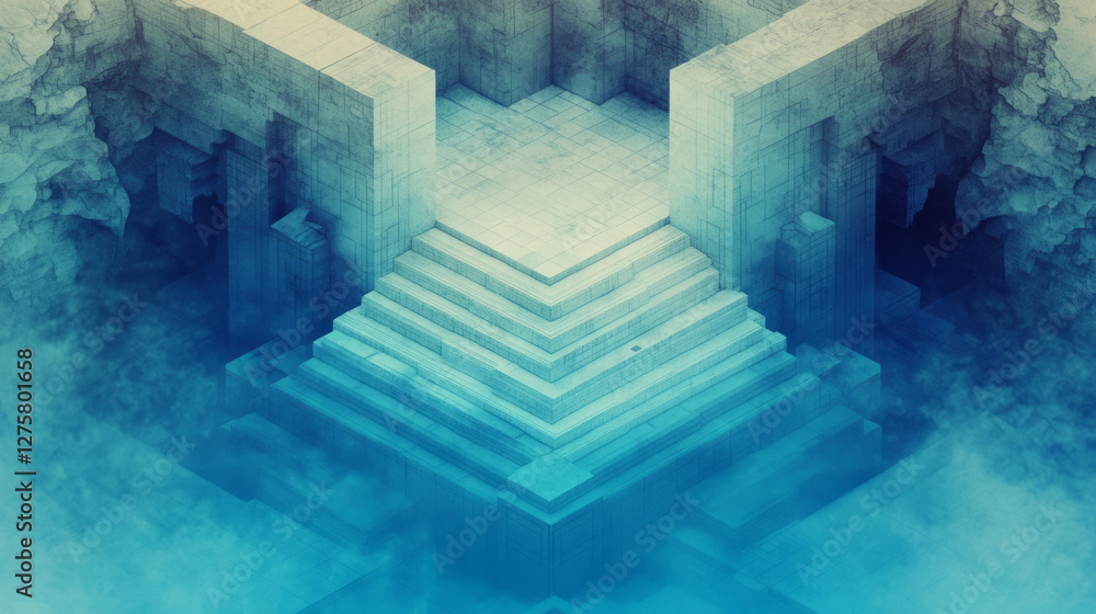 Poster expansive perspective of descending cubic steps in cool aqua tones, framed by a digital wireframe