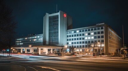 Obraz premium Night city office building, traffic blur, winter