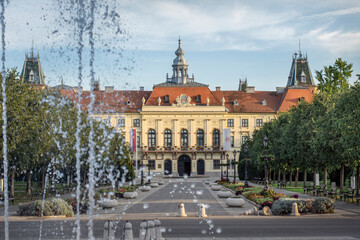 Town Hall in Sombor through the fountain drops