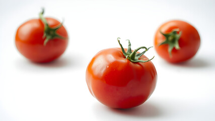 A perfectly round tomato with a rich red hue and natural imperfections, glistening under soft light. Isolated on a pure white background, ideal for high-quality food stock photography.