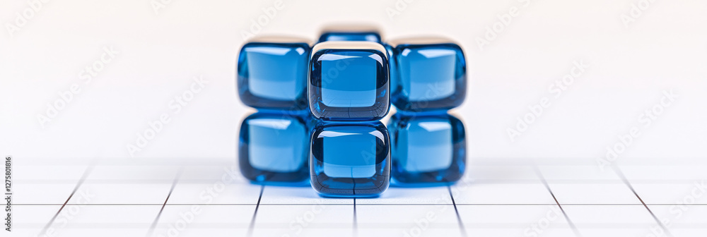 Poster tight cluster of glossy sapphire cubes arranged in a perfect square formation, resting on a faint