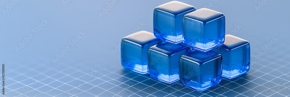 Aufkleber Tight cluster of glossy sapphire cubes arranged in a perfect square formation, resting on a faint