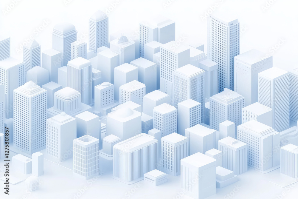 Poster isometric viewpoint of a cubic metropolis in soft slate-blue tones, each structure outlined by