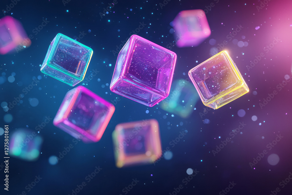 Leinwandbilder Floating cluster of semi-transparent cubes with neon edges surrounded by softly shimmering bokeh