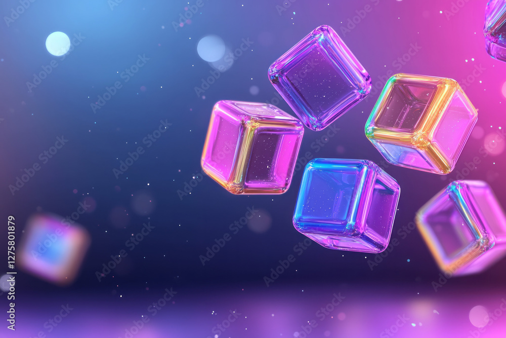 Fototapete floating cluster of semi-transparent cubes with neon edges surrounded by softly shimmering bokeh