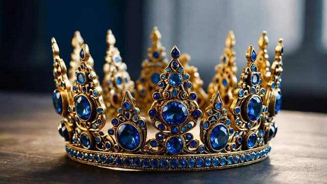Video footage of golden crown adorned with numerous blue gemstones, featuring intricate designs and a regal appearance, is placed on a dark surface