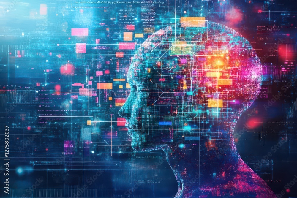 Fototapete Mans head surrounded by a digital interface and abstract technology elements in background