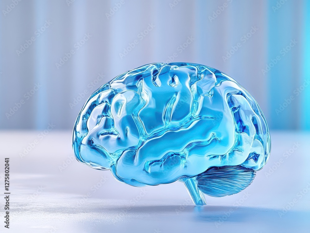 Poster blue glass brain model displayed on a white surface representing creativity and intelligence