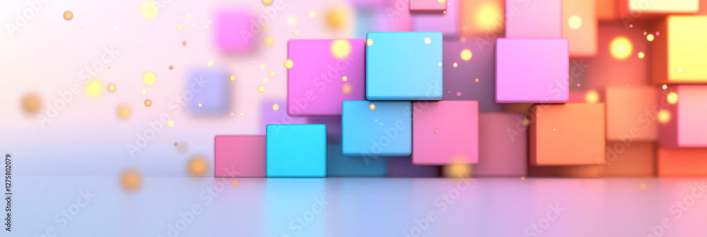 Poster Overlapping cubes of different scales fading into the distance, interspersed with flickering gold