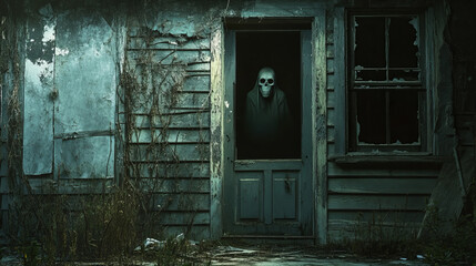 Haunted house with sad ghost sit in darkness behind of window. Scary abandoned old building exterior with dead woman spirit inside, cracked wall and door. Halloween spooky Cartoon vector illustration