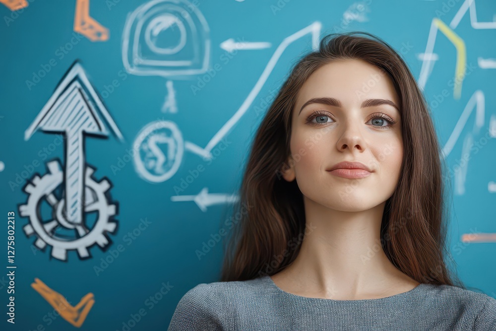 Poster woman surrounded by arrows on a blue background representing direction and movement concepts