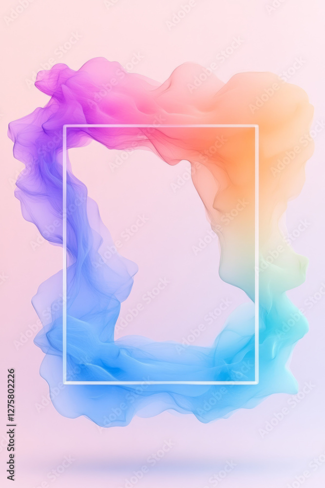Poster Surreal floating portal framed by translucent cubes, while colored bokeh particles flow outward in