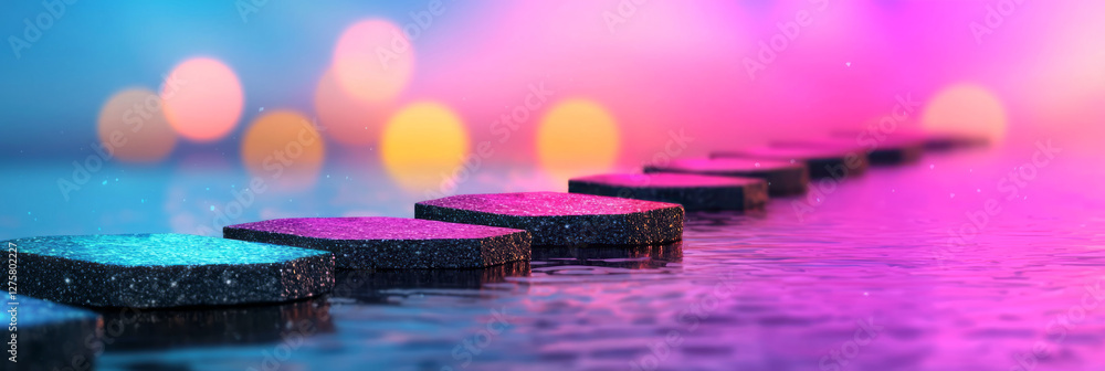 Poster clusters of cubes arranged like stepping stones over a glowing path, each step ringed by vibrant