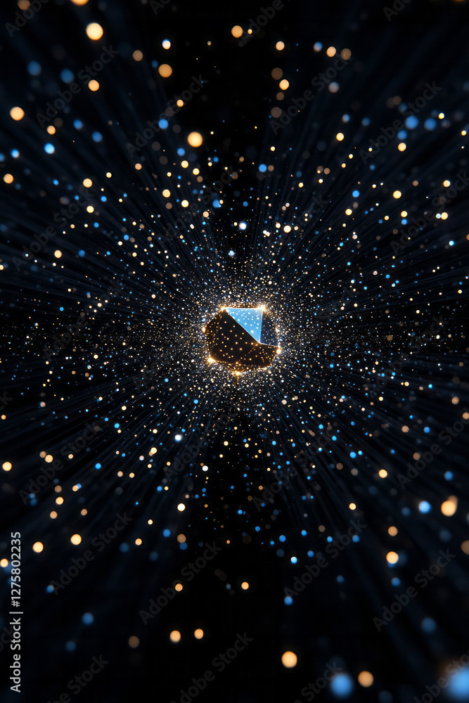 Poster a central orb formed of small luminous cubes, with scattered bokeh droplets evoking a sense of