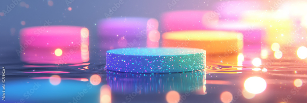 Poster clusters of cubes arranged like stepping stones over a glowing path, each step ringed by vibrant