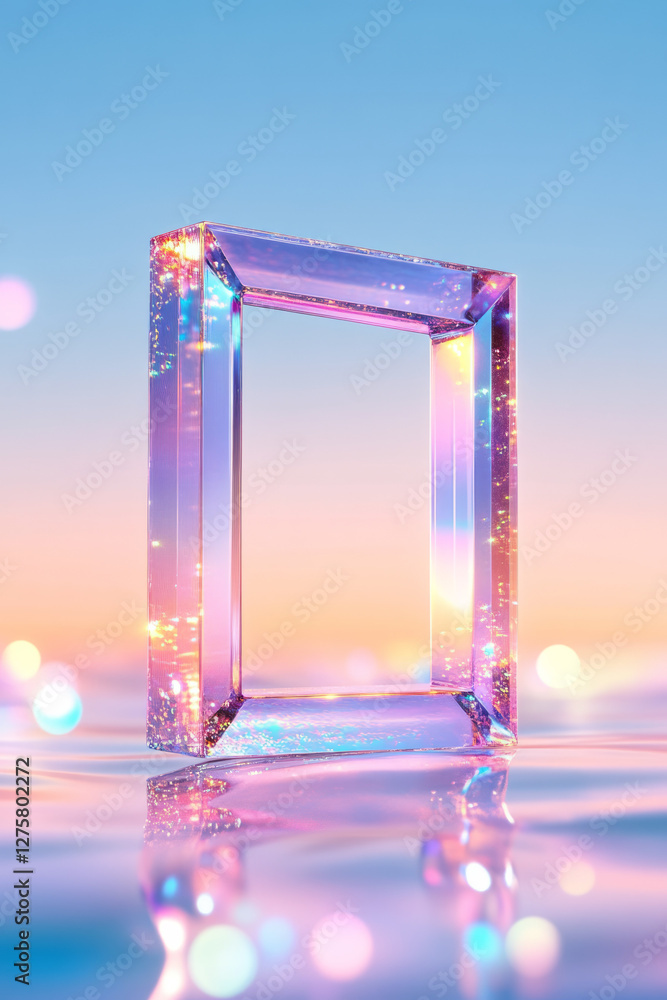 Fototapete surreal floating portal framed by translucent cubes, while colored bokeh particles flow outward in