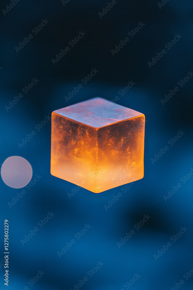 Leinwandbilder Close-up macro shot of a single luminescent cube partially blurred by a foreground layer of