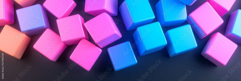 Poster tight grouping of glossy cubes in vivid pink and neon blue, hovering over a pitch-black void,
