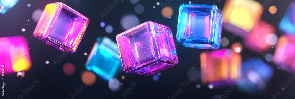 Poster tight grouping of glossy cubes in vivid pink and neon blue, hovering over a pitch-black void,