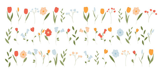 Cute spring flower vector set. Flat floral and plant icon element. Summer leaf from garden clipart. Simple nature graphic with leaves isolated on background. Modern minimal Easter branch design.