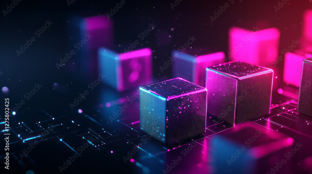 Poster Futuristic blocky cluster illuminated by vibrant magenta and turquoise highlights, creating a stark