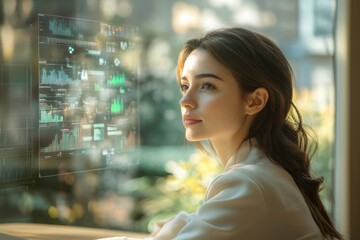 A young woman thoughtfully observes financial data displayed on a futuristic, transparent screen.