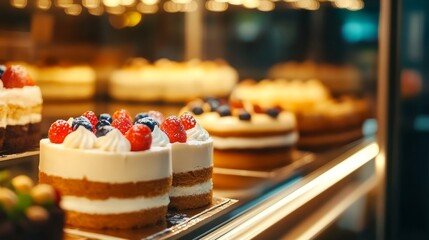 Delicious assortment of beautifully decorated cakes displayed in a bakery showcase, enticing customers