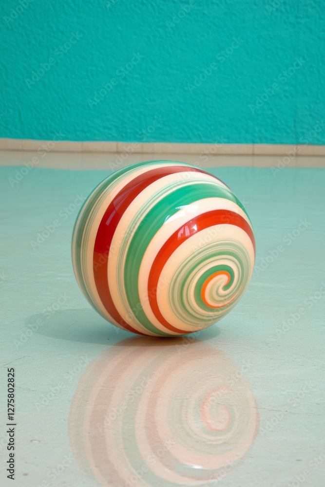 Aufkleber Abstract striped sphere in layered emerald and ruby bands, gently rotating in midair above a glossy
