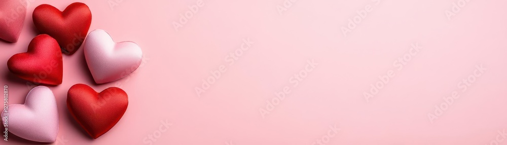 Poster Three hearts arranged on a soft pink background creating a romantic and playful composition