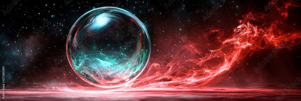 Aufkleber Fractal-like orb with swirling tendrils of green merging with red wisps, evoking an otherworldly