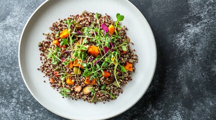 An elegant quinoa bowl garnished with microgreens and pumpkin seeds, presented on a fine white porcelain plate against a muted grey background